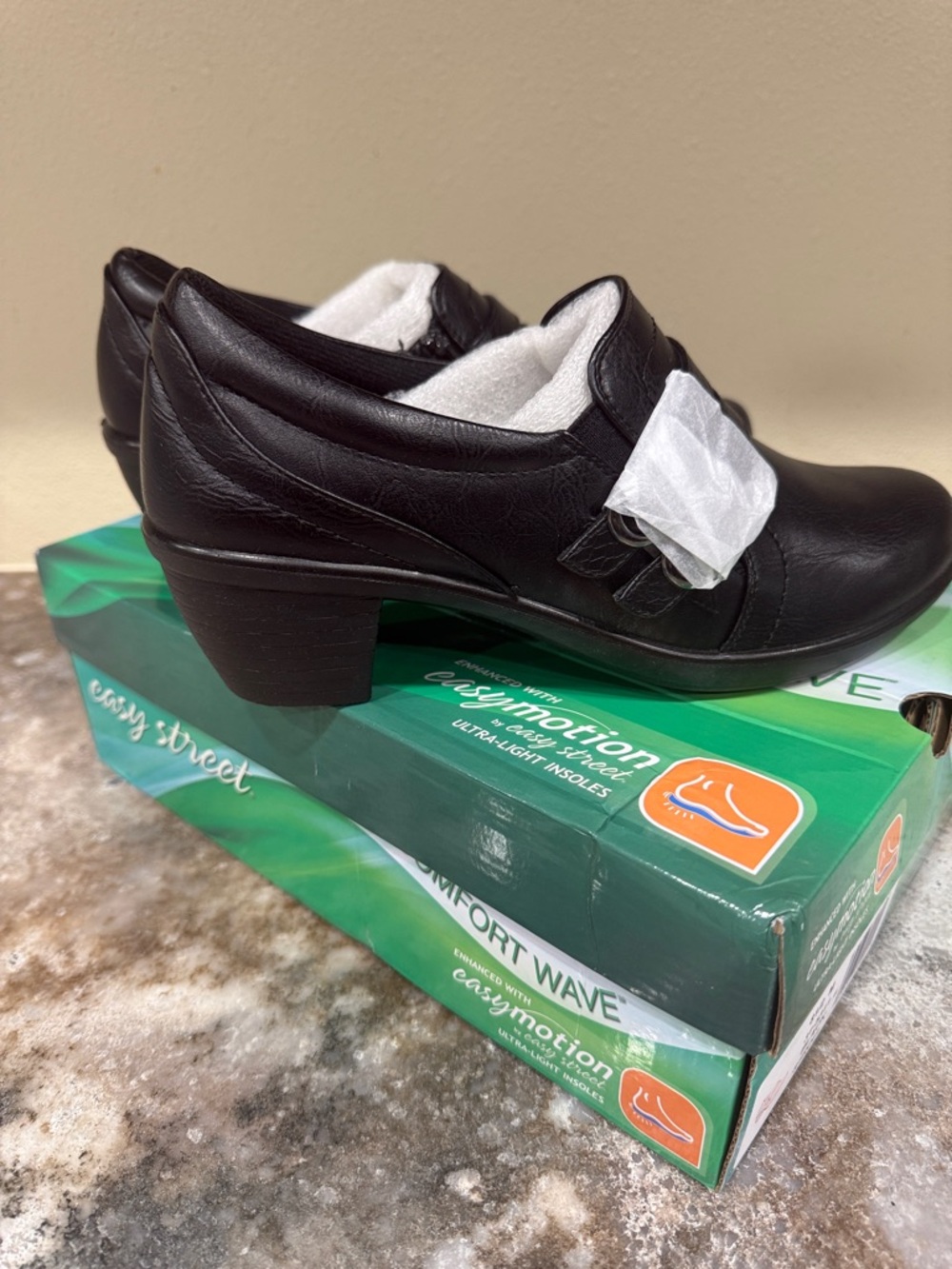 easy street Black Leather Slip-On Flats with Low Heel - Picture 2 of 4